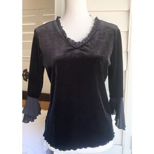 Impressions Velvet Top Women PM Black Excellent Ruffle V-Neck Bell Sleeve Goth